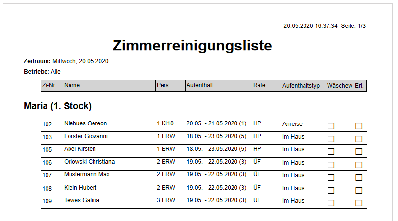 Zimmerreinigungsliste Druck