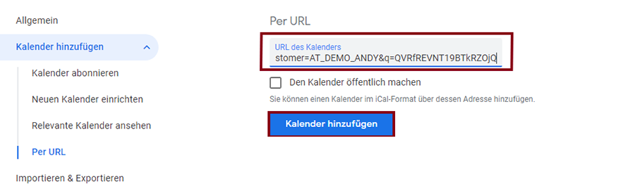 URL einfügen und Kalender hinzufügen