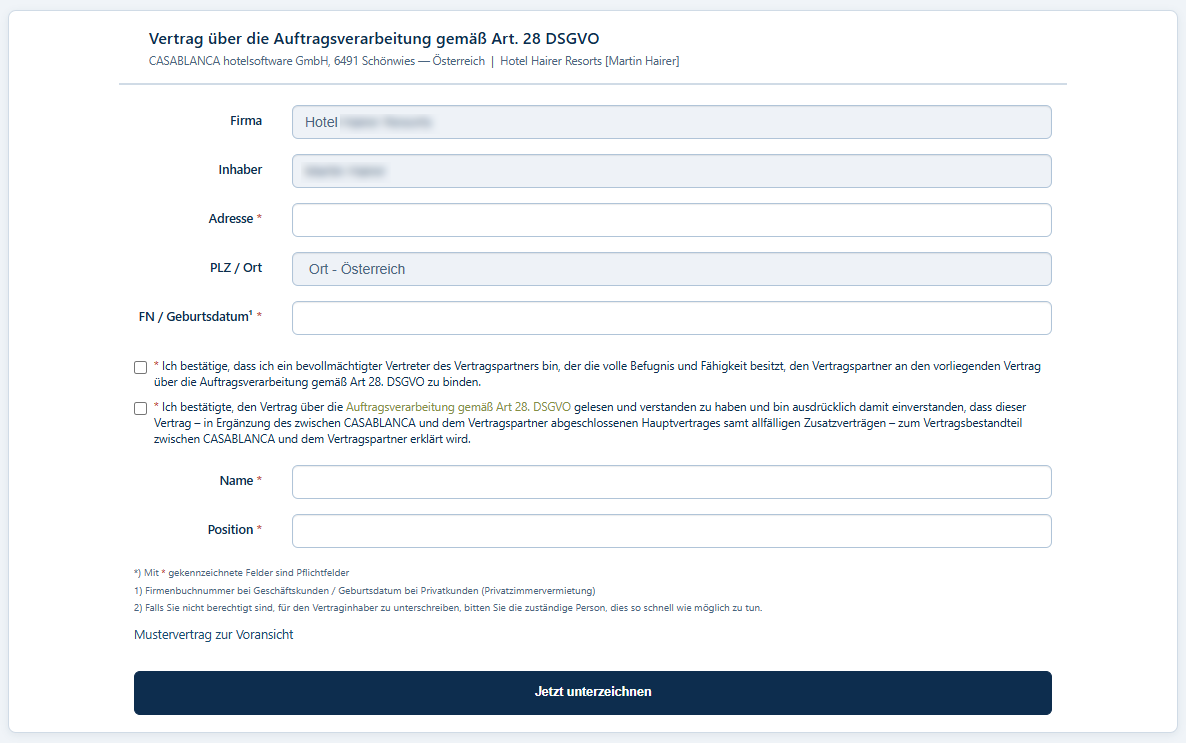 Fehlende Daten befüllen und unterzeichnen