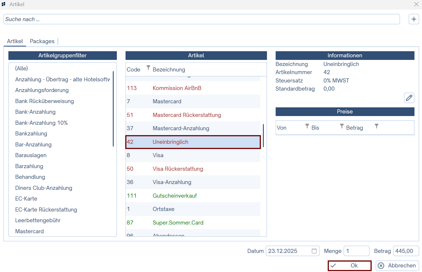 Zahlungsartikel Uneinbringlich auswählen