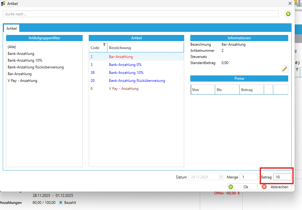 Betrag Anzahlung anpassen Gutschrift zum Terminal senden