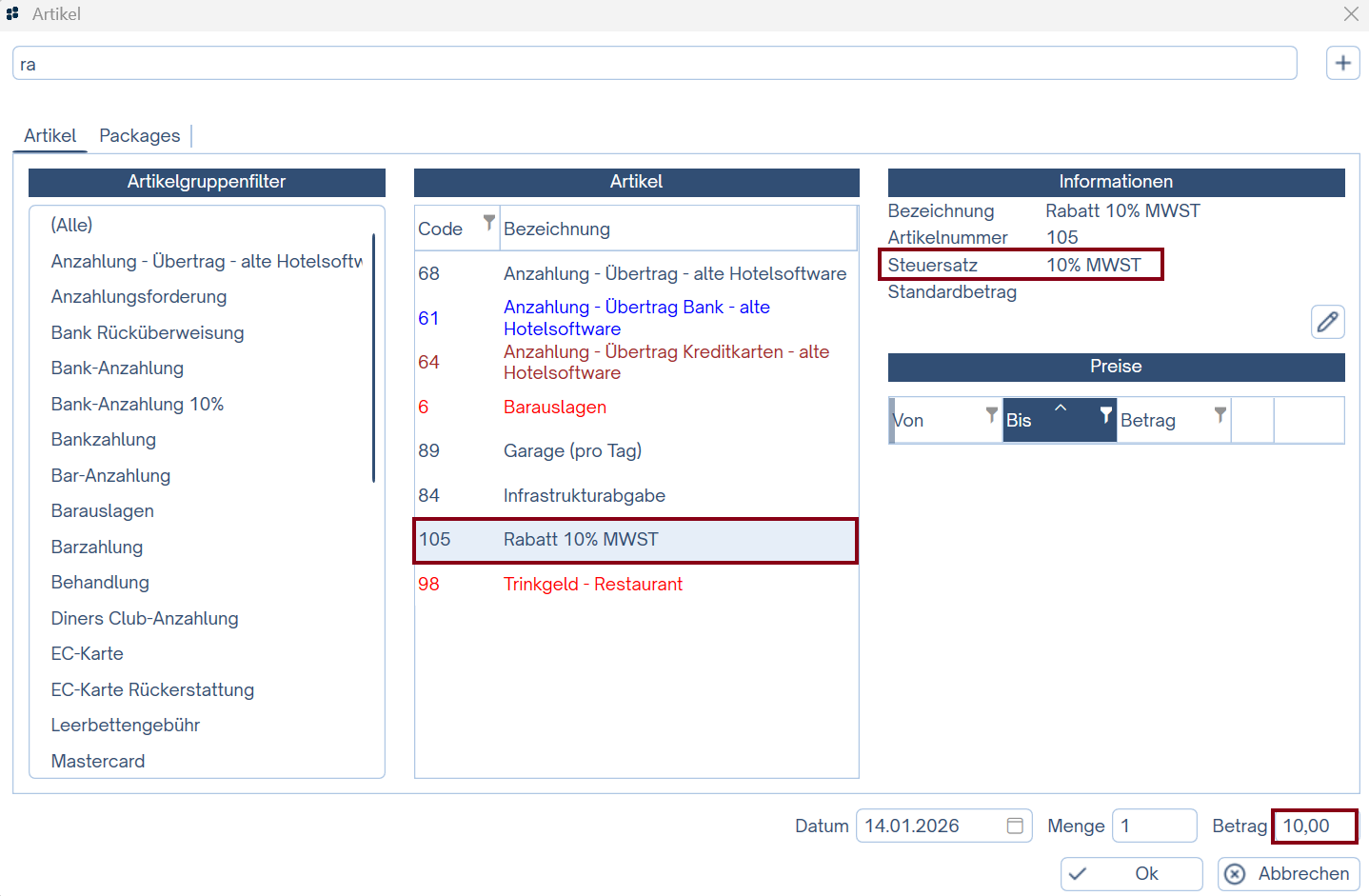 Rabatt Artikel verwenden