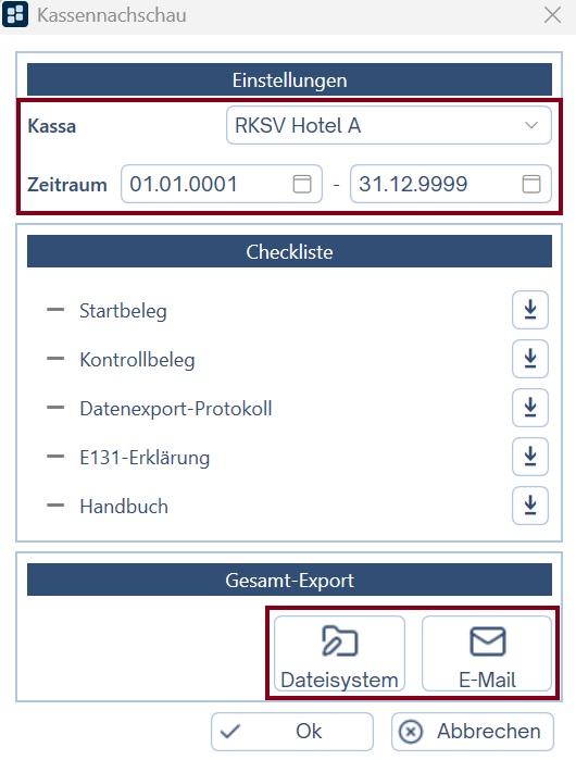 Export RKSV Kassennachschau bzw. Finanzprüfung