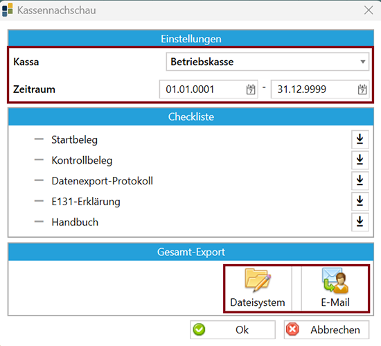 Export RKSV Kassennachschau bzw. Finanzprüfung