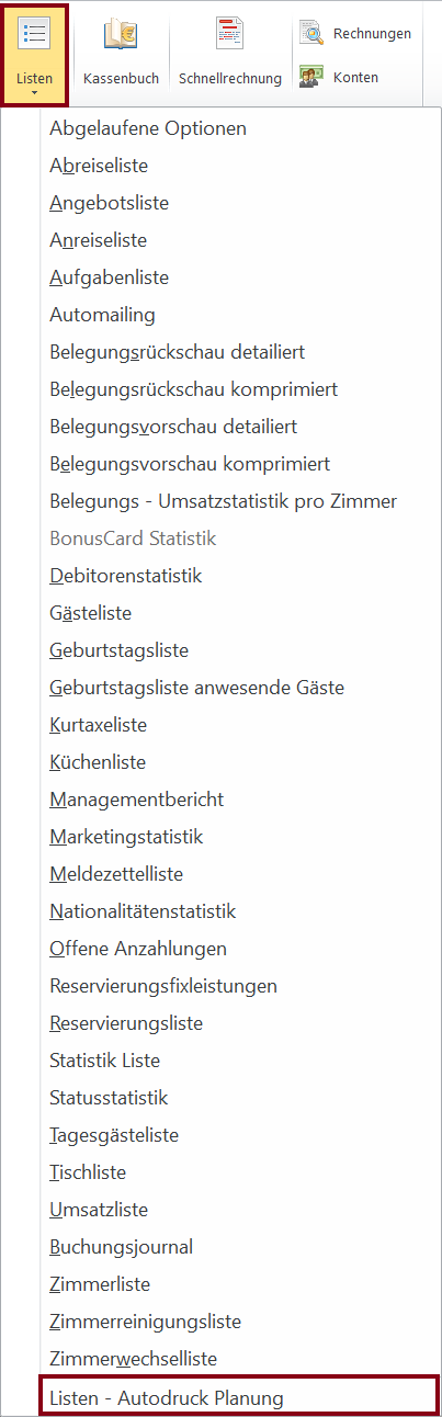Listen -&gt; Listen - Autodruck Planung