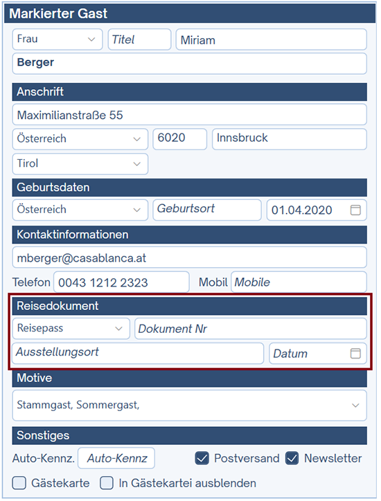 Reisedokument Daten, markierter Gast