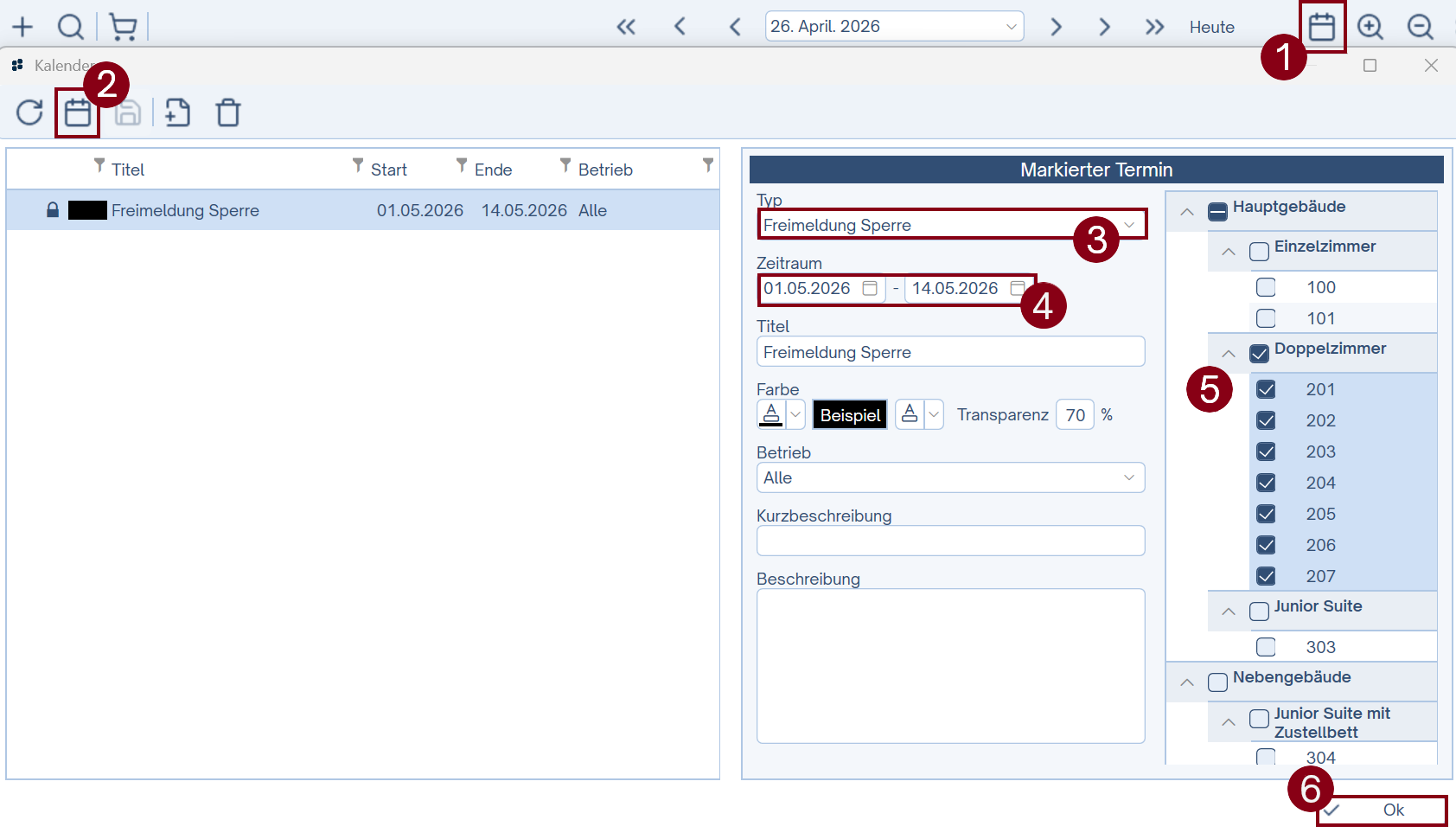 Freimeldung Sperre für gewisse Zimmer setzen