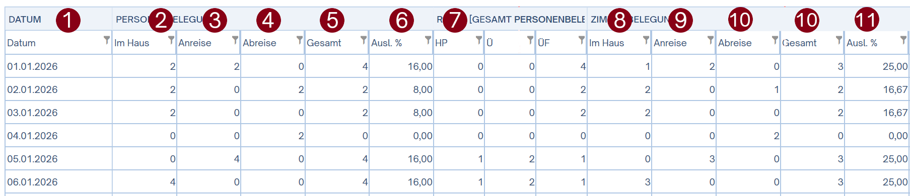 Belegungsstatistik komprimiert Spalten