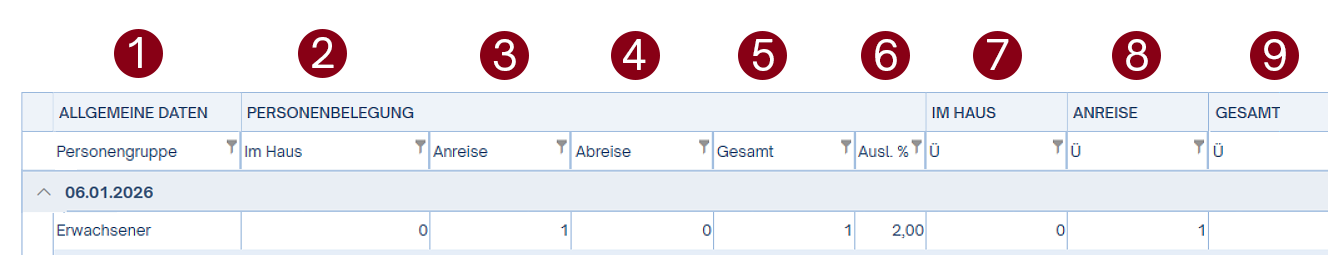 Belegungsstatistik detailiert Spalten