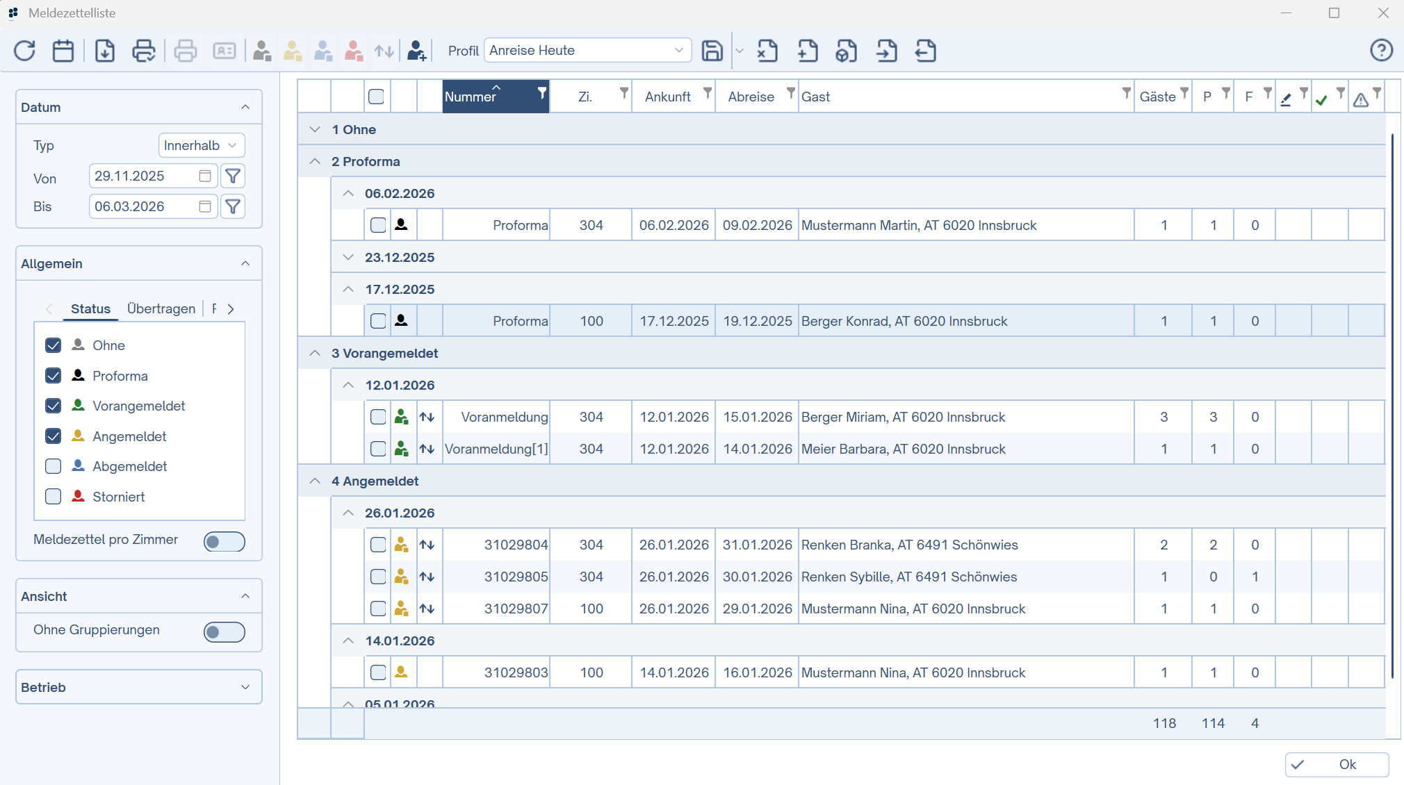 Übersicht Meldezettelliste Übersicht Meldezettelliste