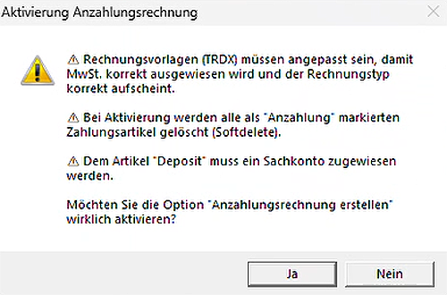 Anzahlungsrechnungen aktivieren - Popup Anzahlung buchen