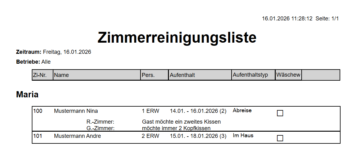 Ausdruck Zimmerreinigungsliste