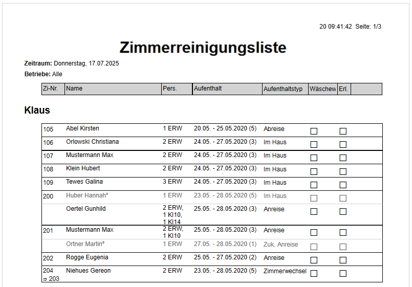 Ausdruck Zimmerreinigungsliste