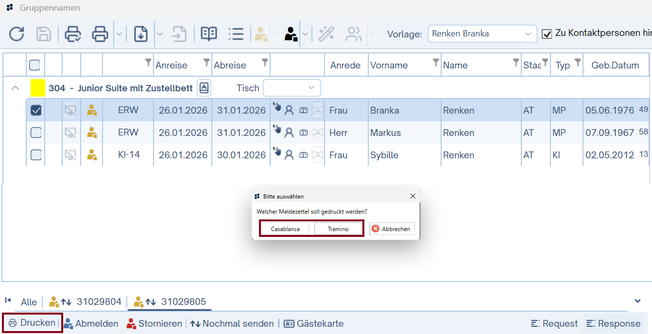Meldeschein nochmals drucken Meldeschein nochmals drucken