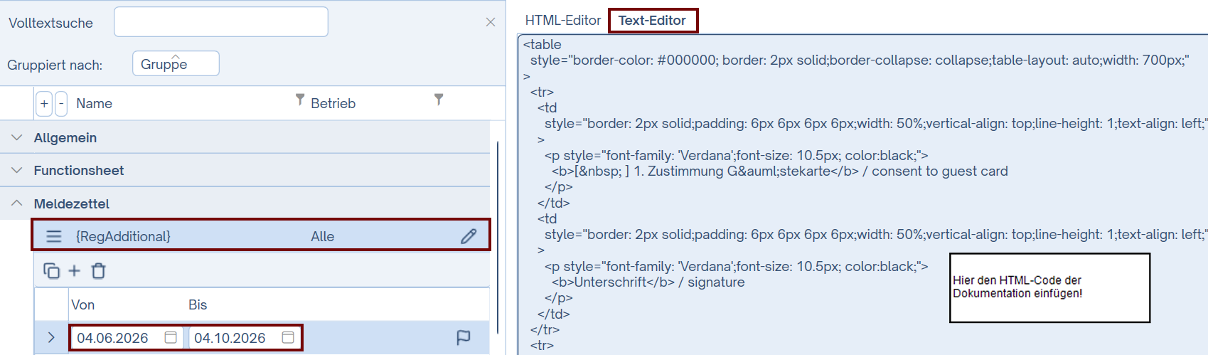 HTML-Code der Dokumentation einfügen