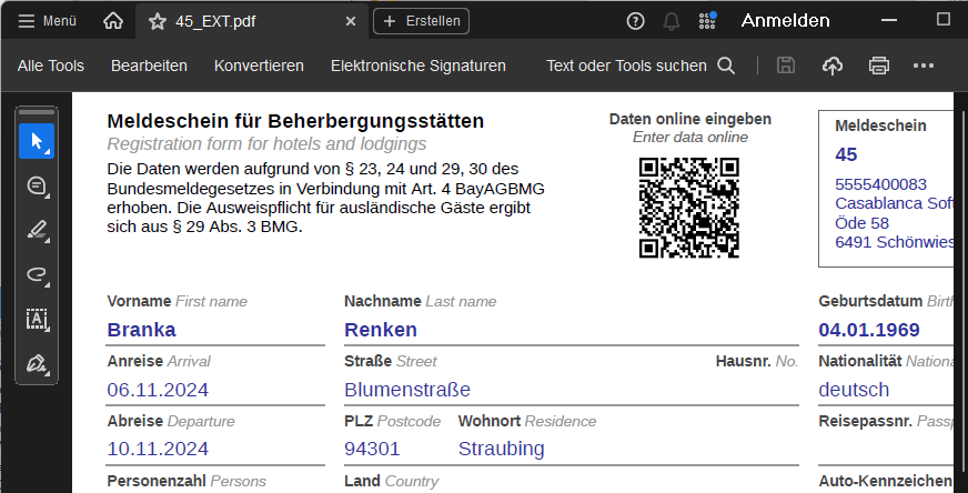 Meldeschein wird automatisch nach dem Anmelden geöffnet