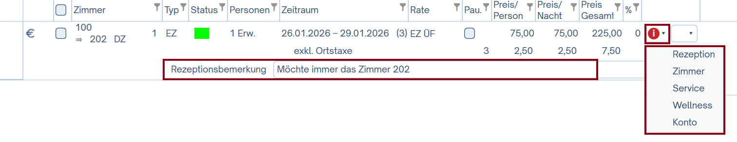 Bemerkungen Reservierung