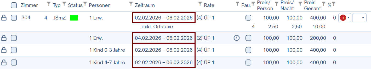 Reservierung mit unterschiedlicher Anreise
