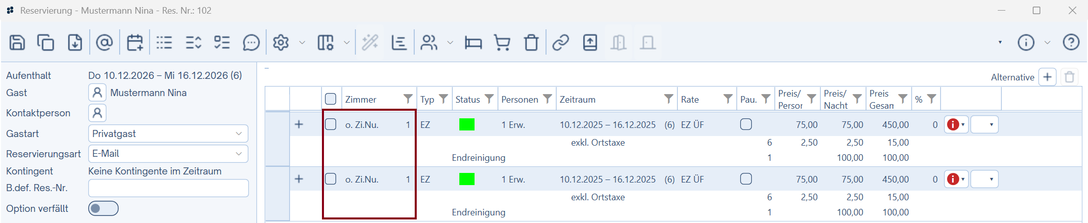 Reservierung ohne Zimmerummer