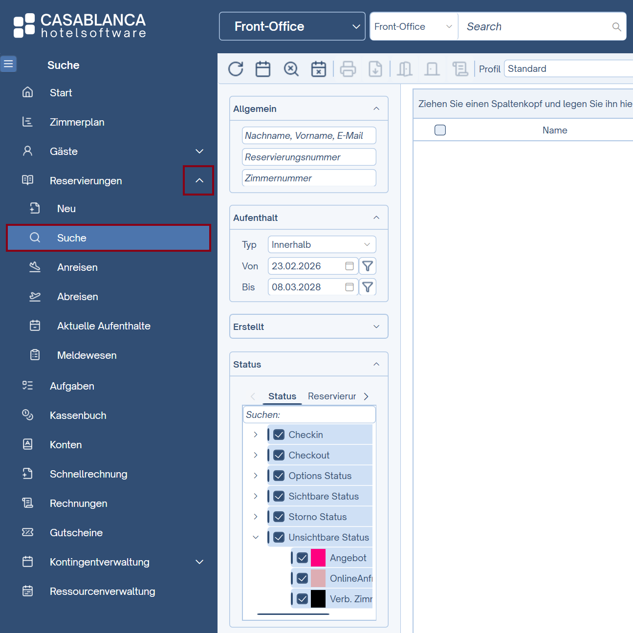 Hauptmenü > Suchen > Reservierungssuche Reservierungssuche