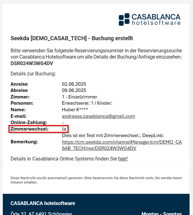 Zimmerwechsel - Informationsmail Zimmerwechsel - Informationsmail