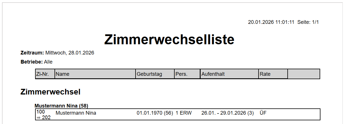 Zimmerwechselliste Druck