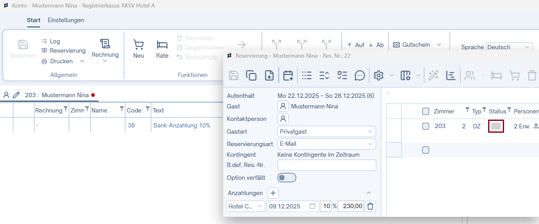 Anzahlung auf einem Konto einer Zimmer-Storno Buchung
