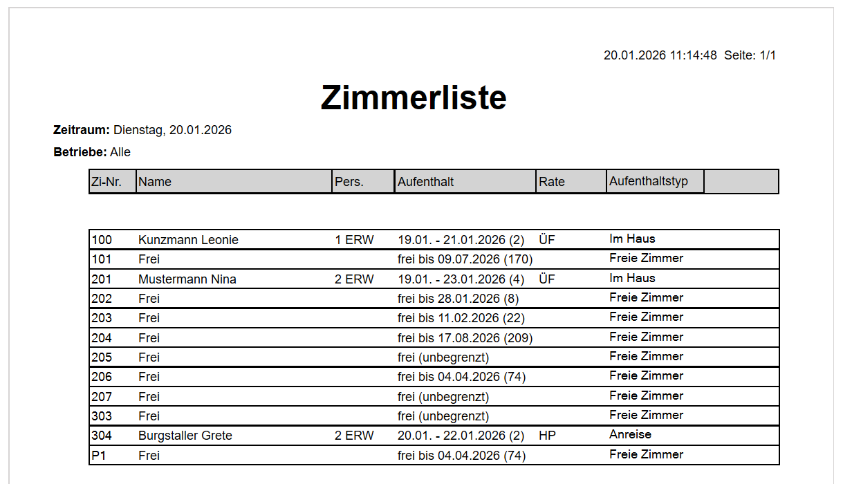Zimmerliste Druck