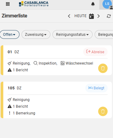 Zimmerliste mit Berichten