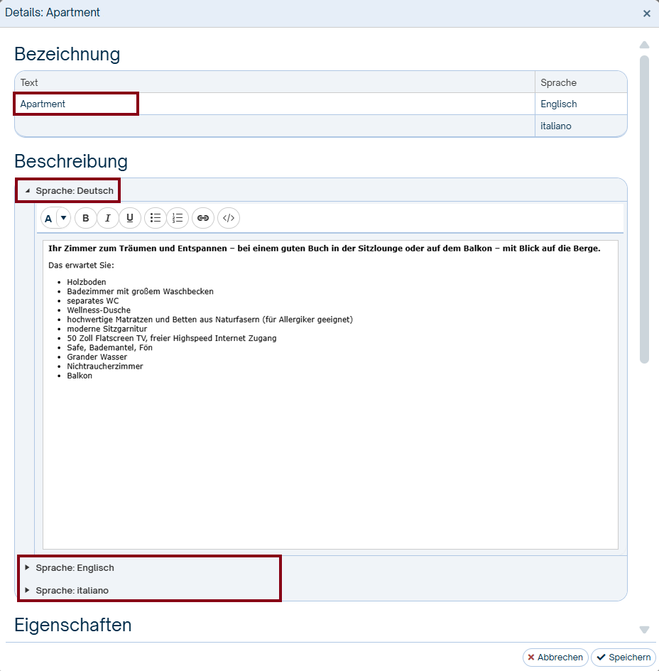Beschreibung hinterlegen