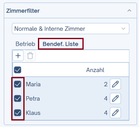 Benutzerdefinierte Listen / Zimmerpersonal auswählen