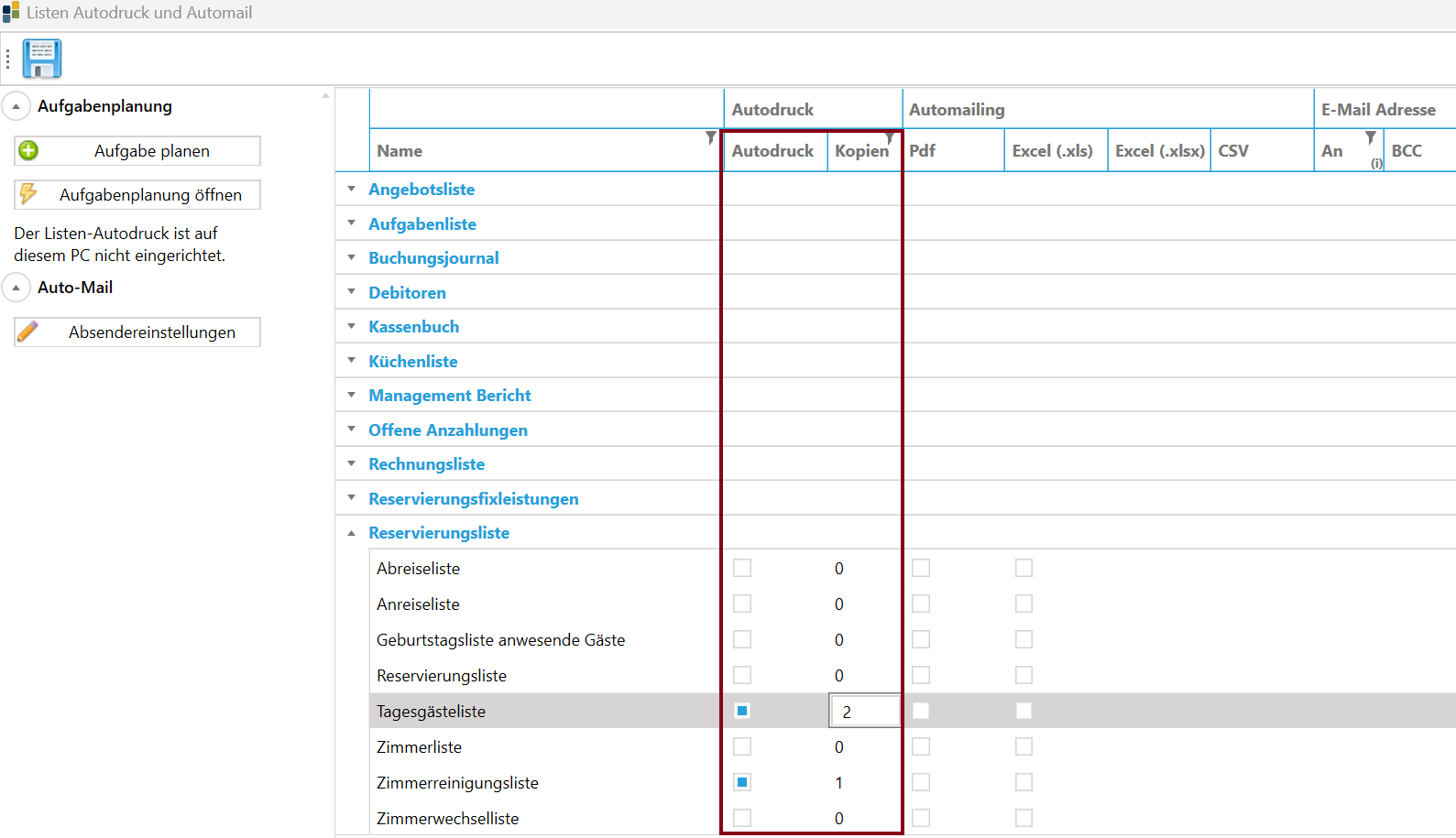 Haken setzen mit gewünschter Anzahl der Kopien