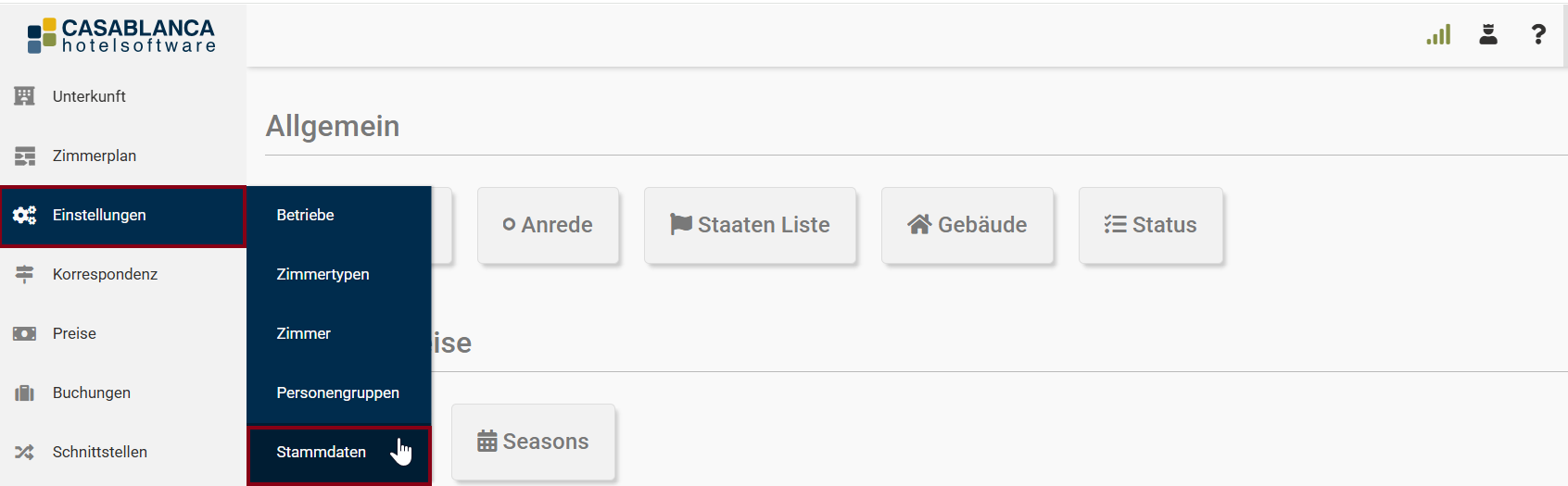 Einstellungen -&gt; Stammdaten