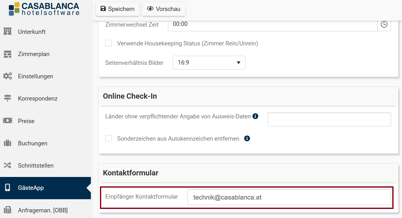Einstellungen zur Empfangs-Mailadresse