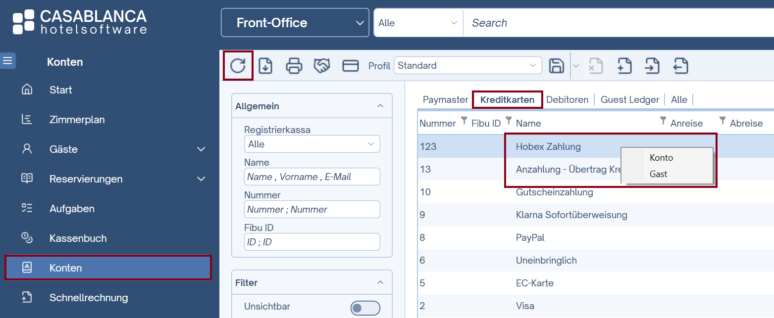 Konten -> Kreditkarten