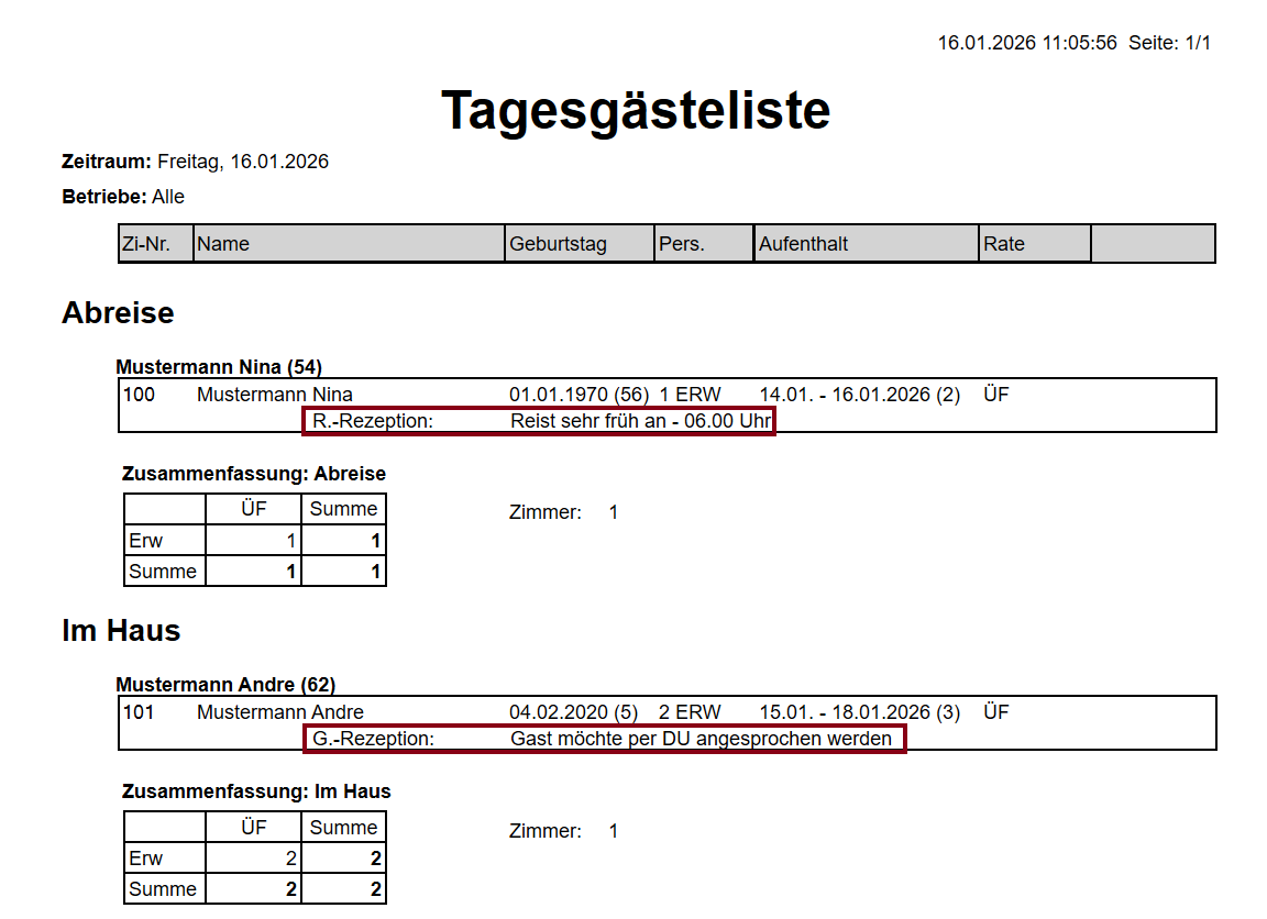 Bemerkungen auf dem Ausdruck