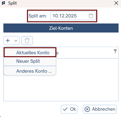 Datum und Zielkonto definieren