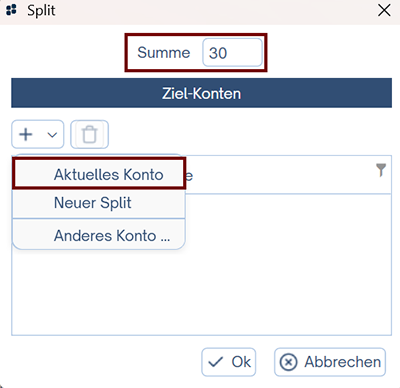 Summe und Zielkonto definieren