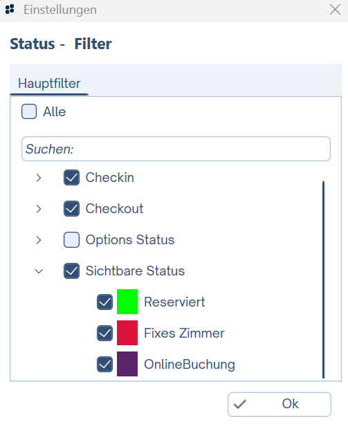 Status Filter Fenster aufgeklappt