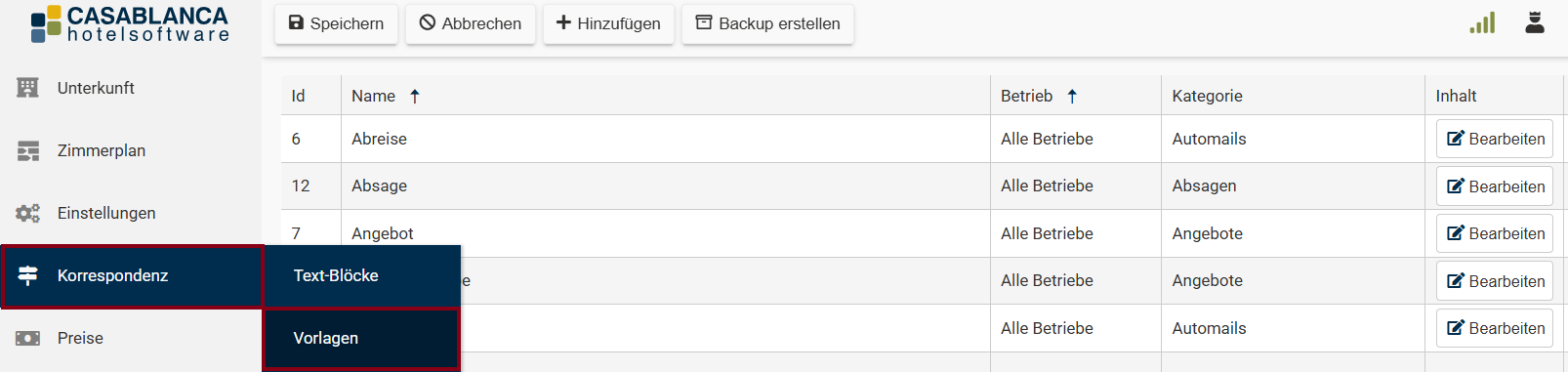 Korrespondenz -&gt; Vorlagen