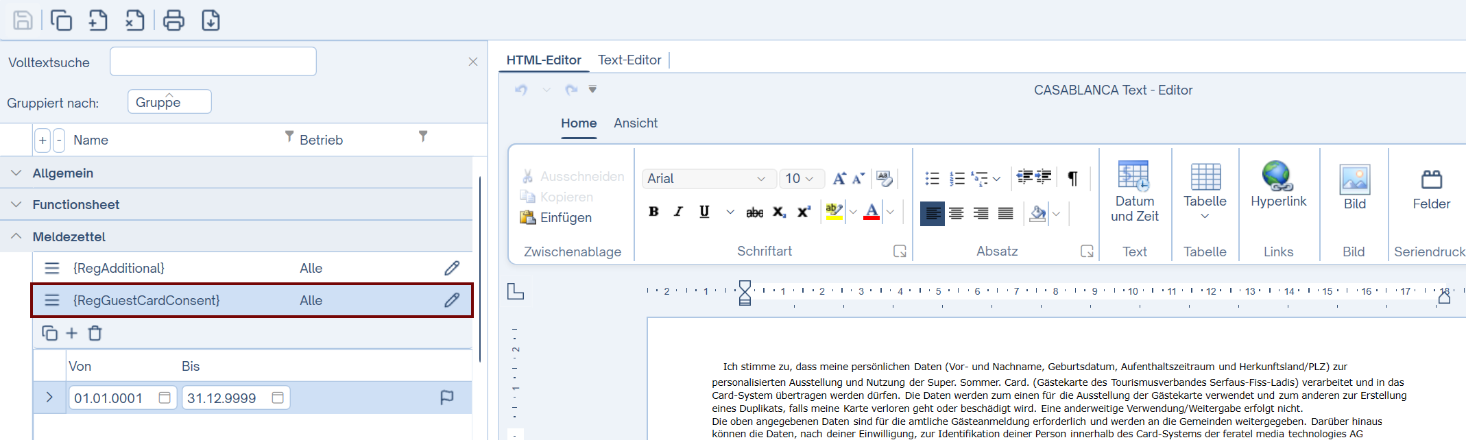 Gästekarten-Text auf Meldezettel anpassen
