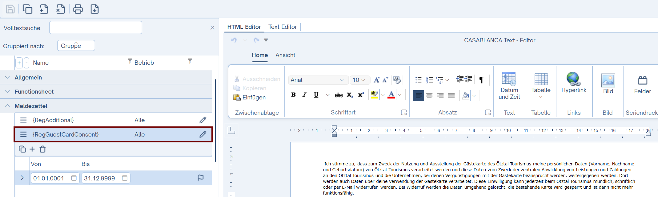 Gästekarten-Text auf Meldezettel anpassen