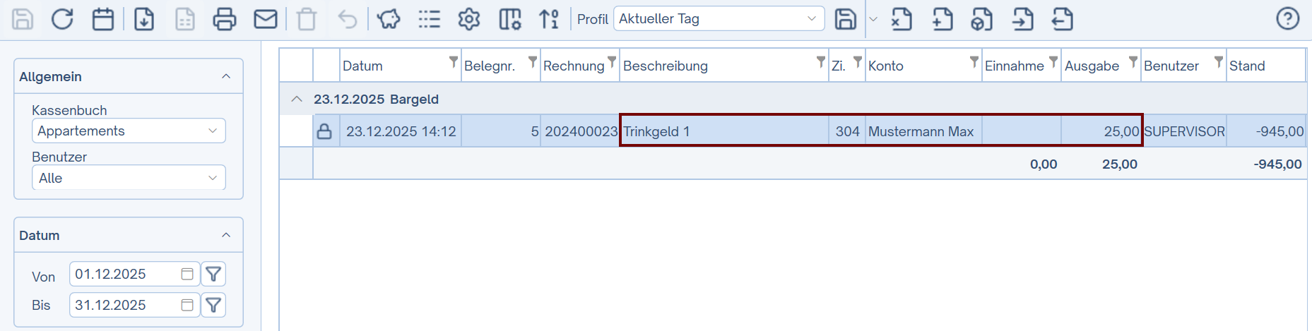 Kassenbuch als Ausgabe