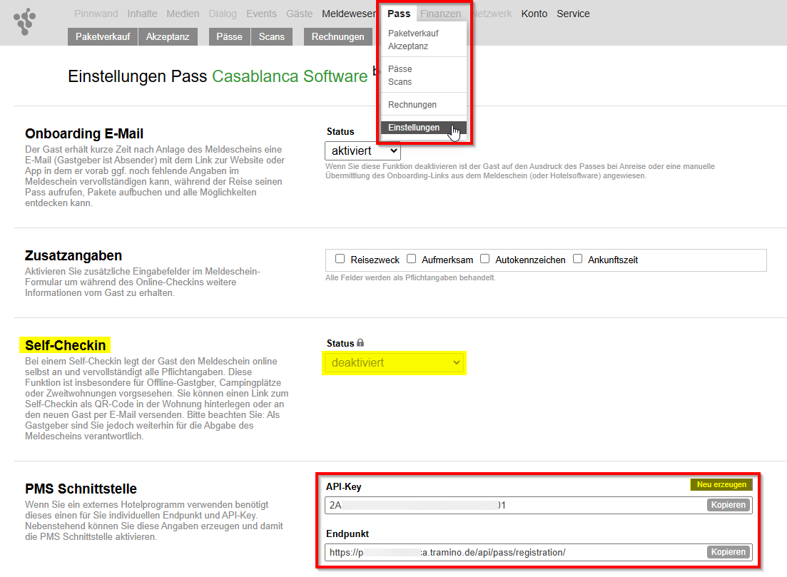 Tramino API-Key &amp; Endpunkt heraussuchen und an CASABLANCA Support senden