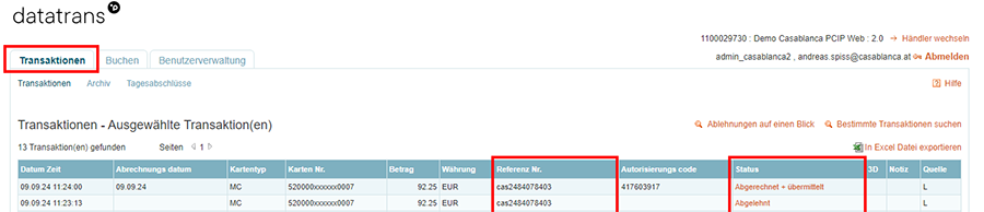 Transaktionen -> Status