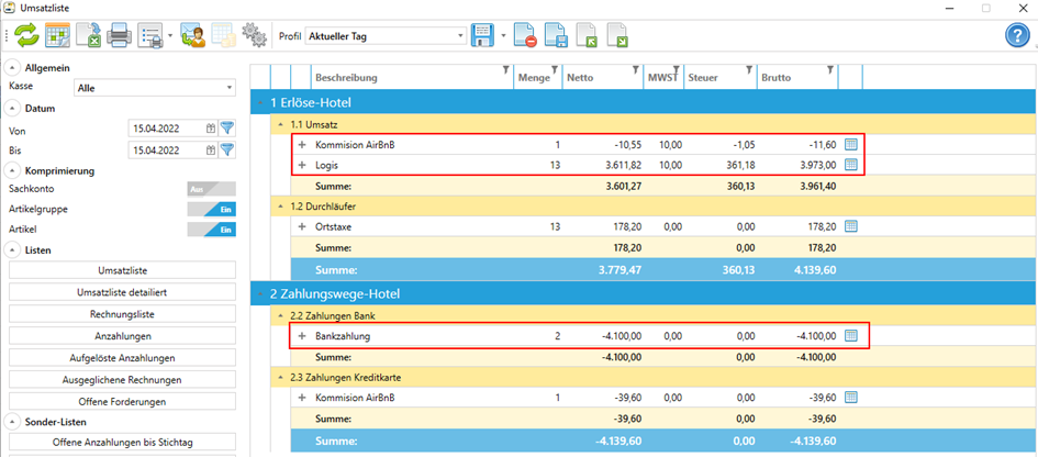 Ansicht Umsatzliste Ansicht Umsatzliste