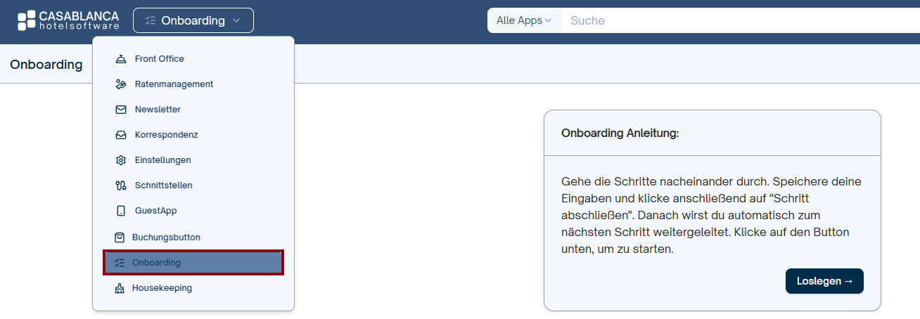 Menü Onboarding Wizard