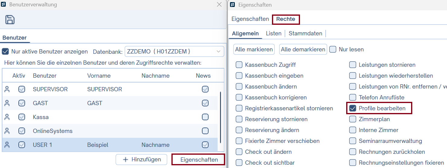 Eigenschaften > Rechte > Profile bearbeiten CASABLANCA Dashboard