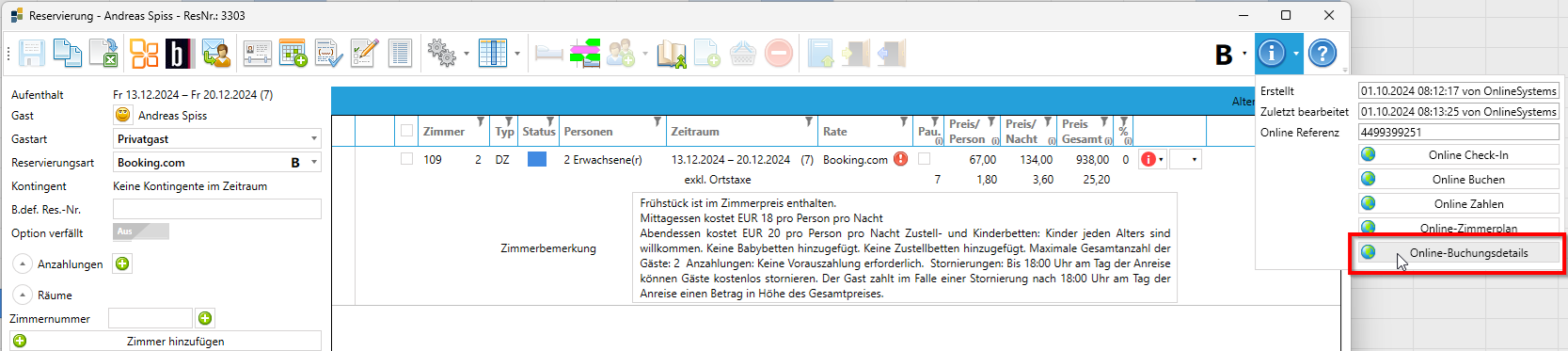Online-Buchungsdetails einsehen