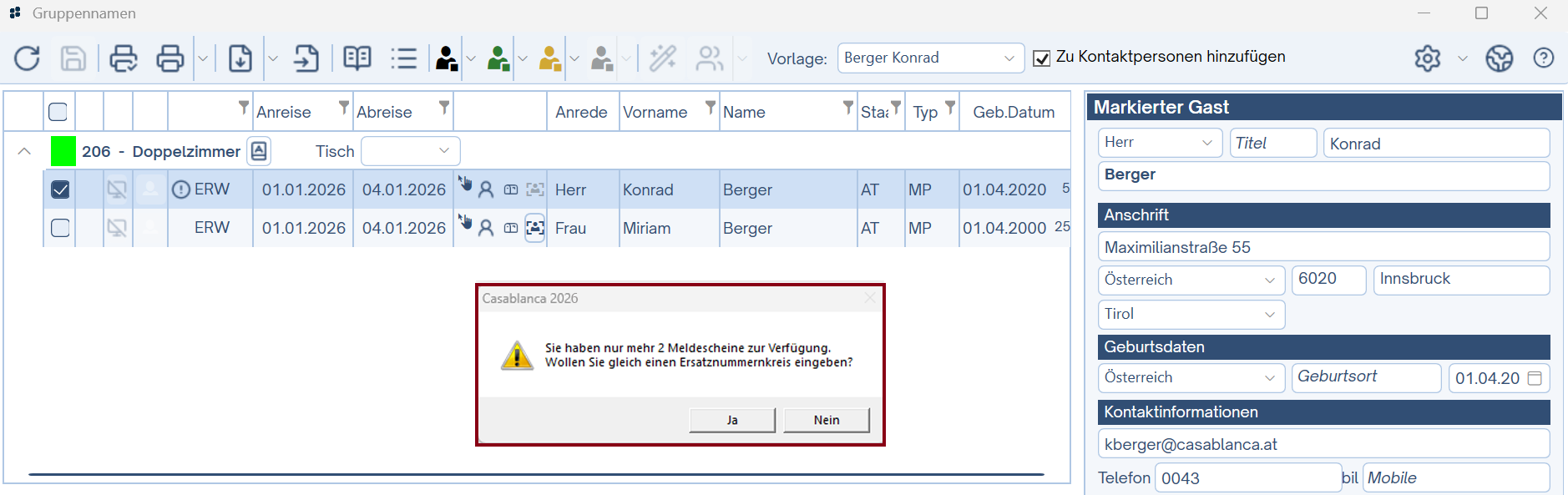Warnung: Du hast nur mehr x Meldescheine zur Verfügung...